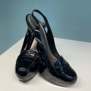 GUESS Sz 9 Patent Leather Sling Backs Front Platform Heels  Shoes